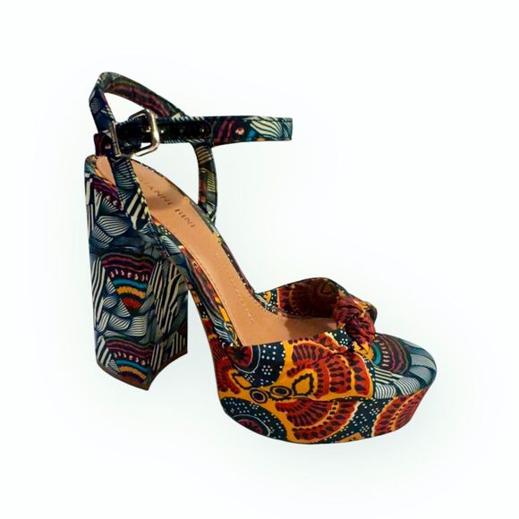 GIANNI BINI sz9 Platform Shoes Blue Red Canvas Retro Block Heel Ankle Strap Sexy - Picture 10 of 16